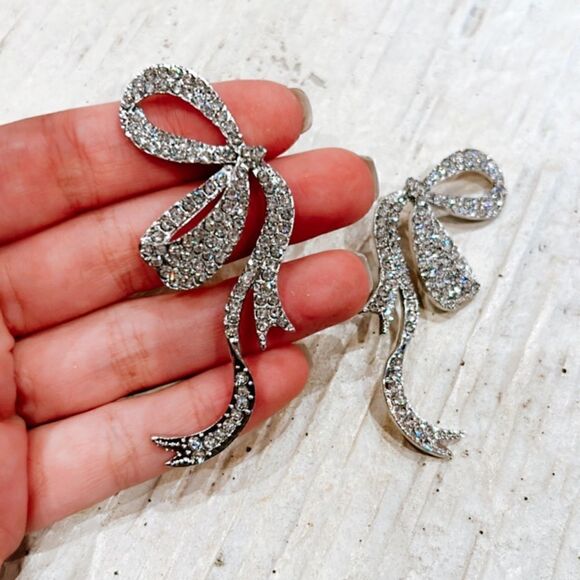 silver diamond bow earrings A208 - Picture 6 of 6